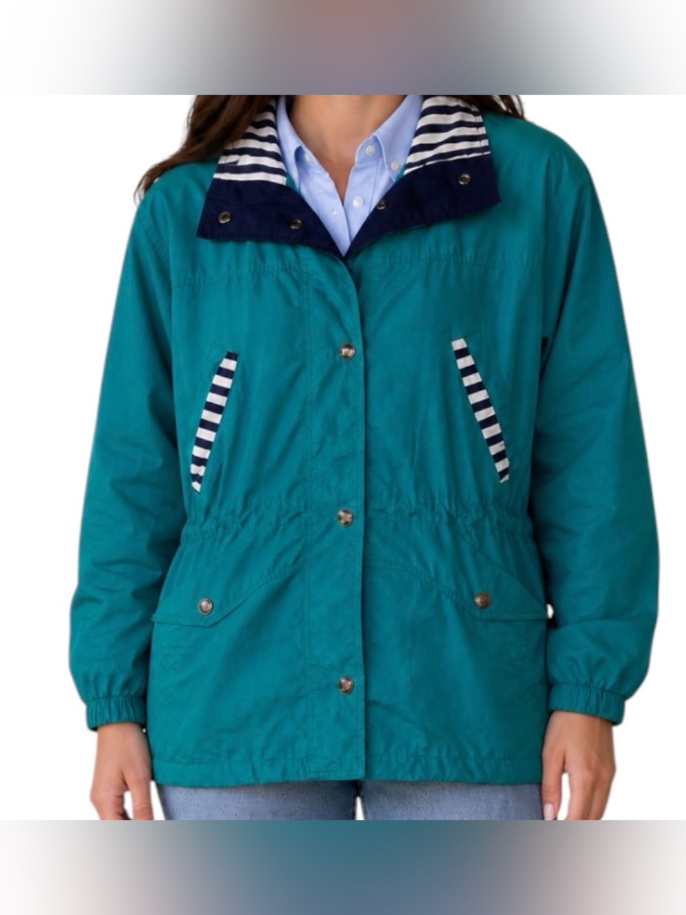 Women’s Separate Issue Light Spring Jacket — Teal w/ Striped Collar & Trim